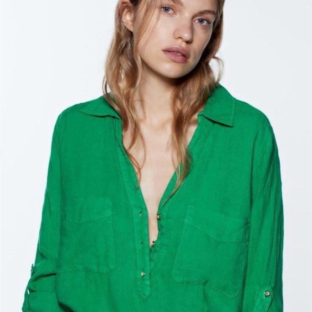 Zara Vibrant Green Basic Linen Button Down Shirt Blouse Top